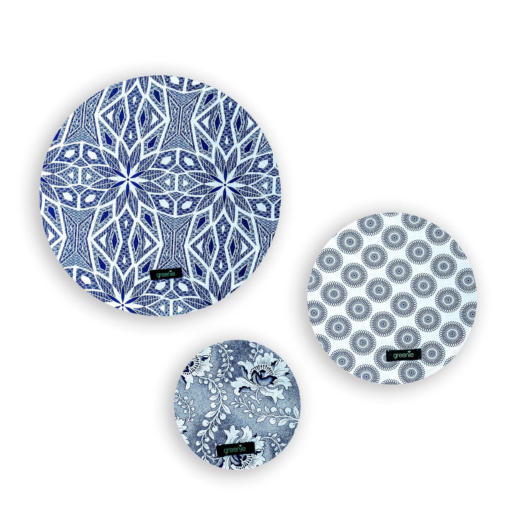 Greenie Food Covers Shweshwe Set of 3 Food Storage Greenie Blue on White 